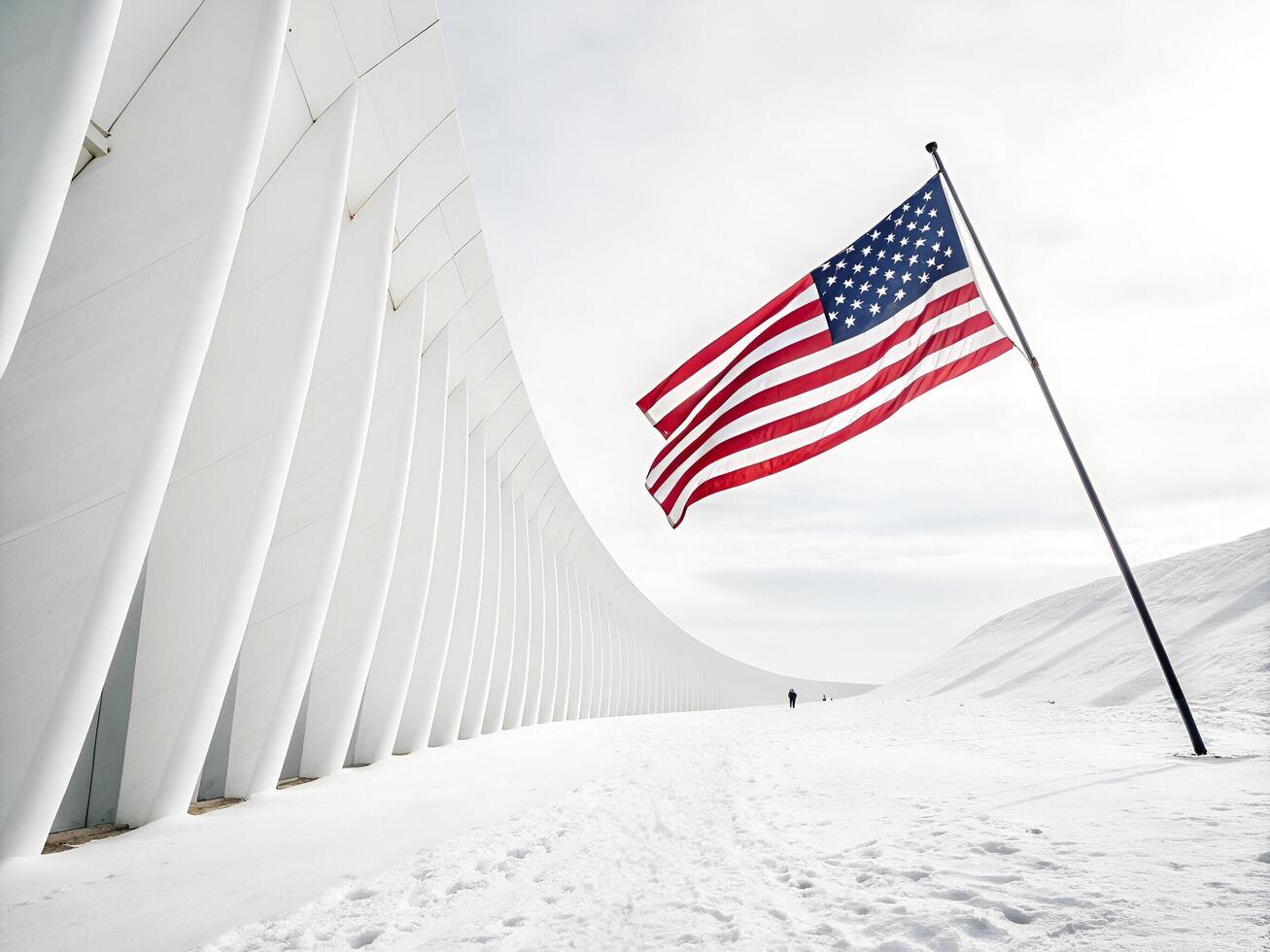 Waving Flag with Stripes and Stars in Snow Setting photo