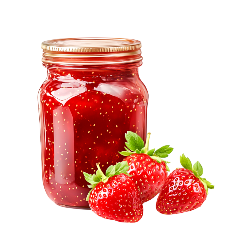 Fresh Strawberry Jam in Glass Jar with Ripe Strawberries on Rustic Wooden Background png
