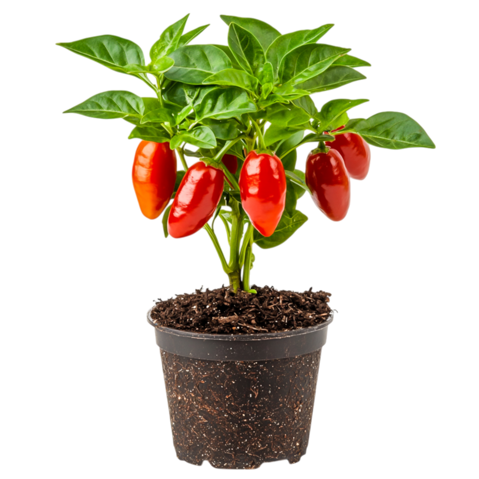 Fresh Red Chili Peppers Growing on Green Plant in Black Pot png