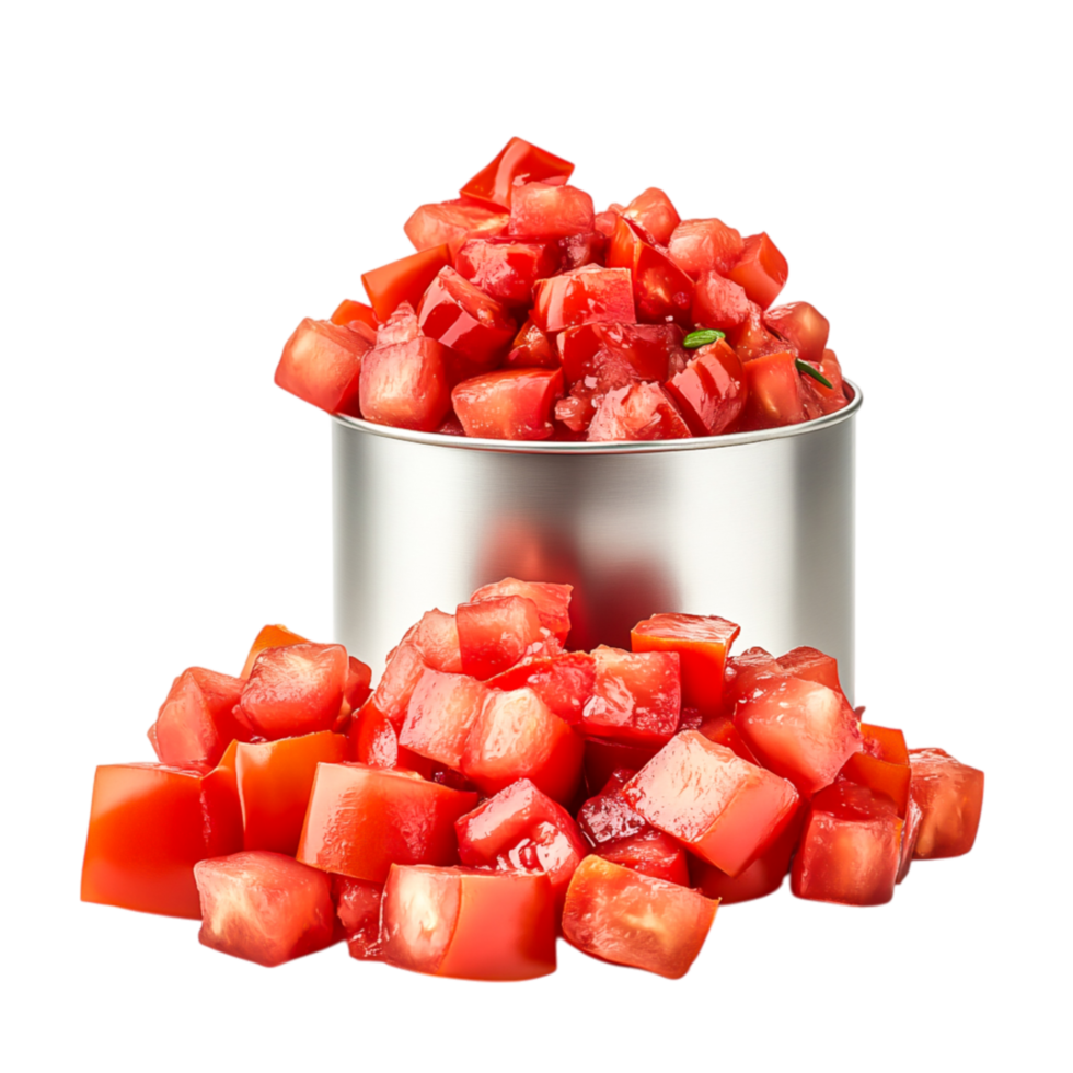 Freshly Diced Red Tomatoes in Silver Tin Can with Chopped Pieces Surrounding It png