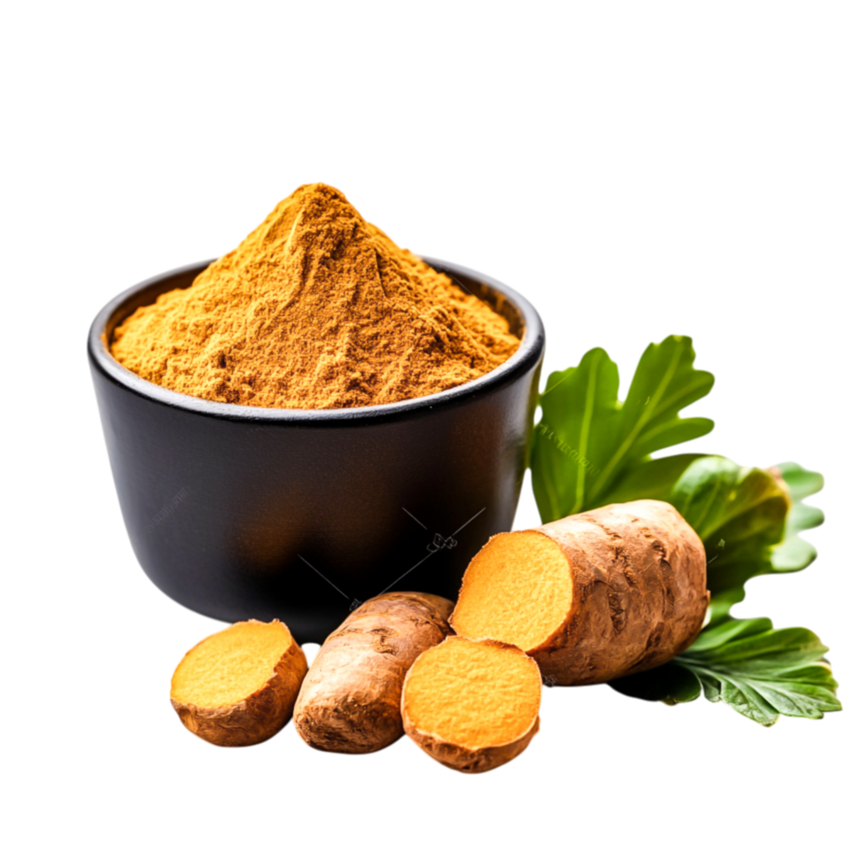 Golden Turmeric Powder in Black Bowl with Fresh Roots and Green Leaves on png