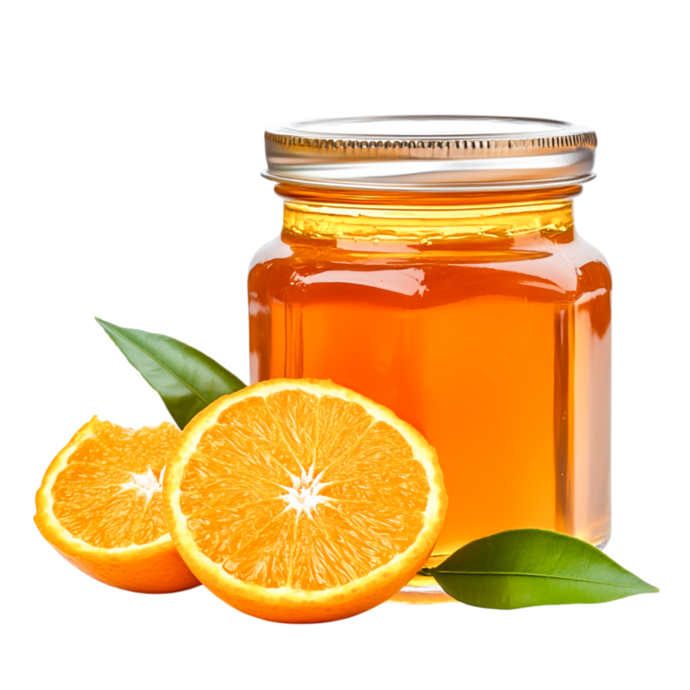Fresh Orange Jam in Glass Jar with Slices and Green Leaves on png