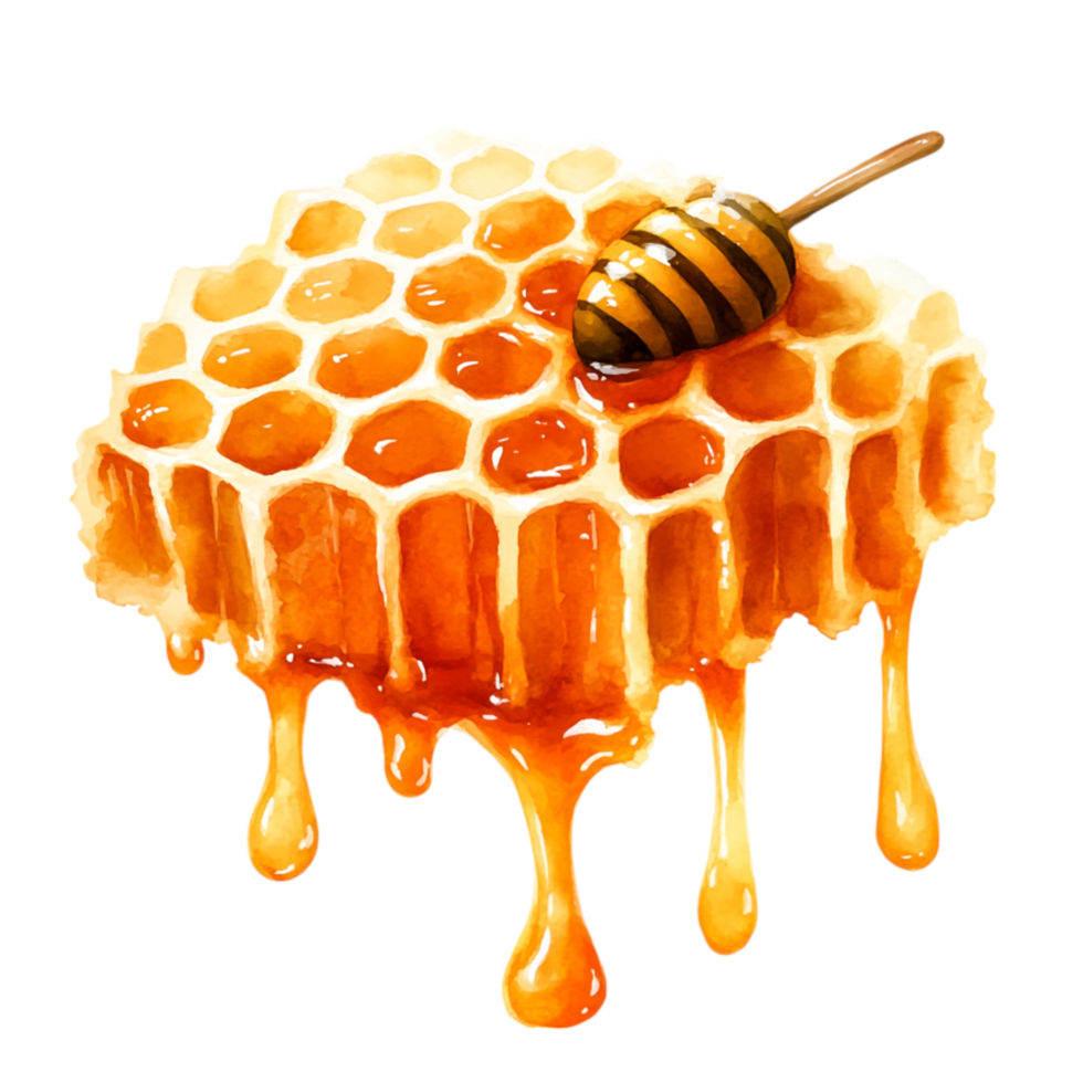 Dripping Honeycomb with Golden Honey and Wooden Dipper in Bright Colorful Background png