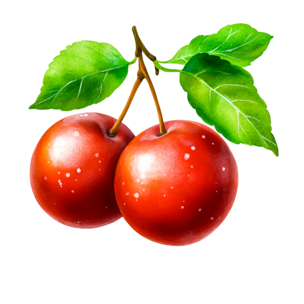Fresh Red Cherries with Green Leaves Transparent Background, Hand-Drawn Illustration png