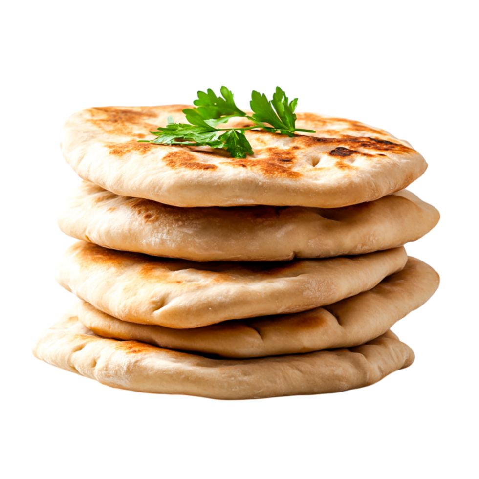 Freshly Baked Flatbreads Stacked on Each Other with Vibrant Green Garnish png
