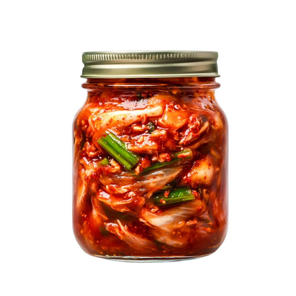 Delicious homemade kimchi in glass jar with vibrant red and green colors png