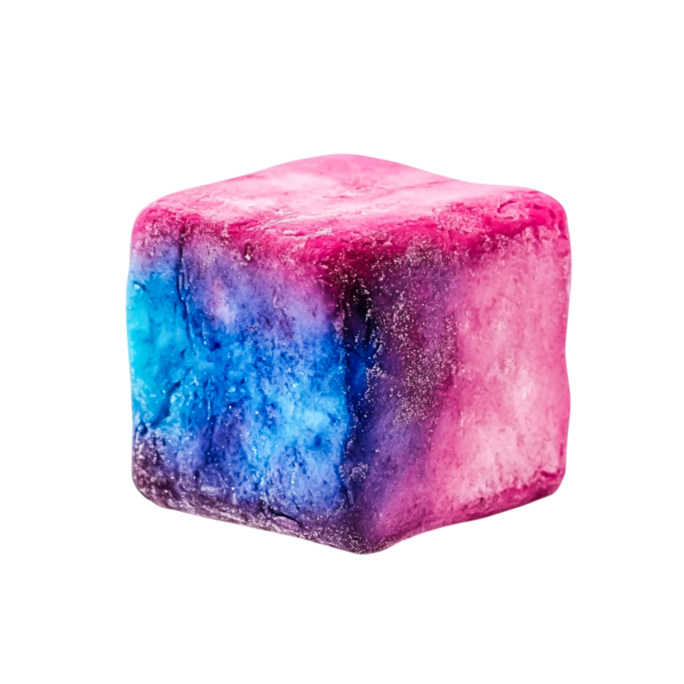 Colorful Ice Cube with Vibrant Blue and Pink Swirls on png