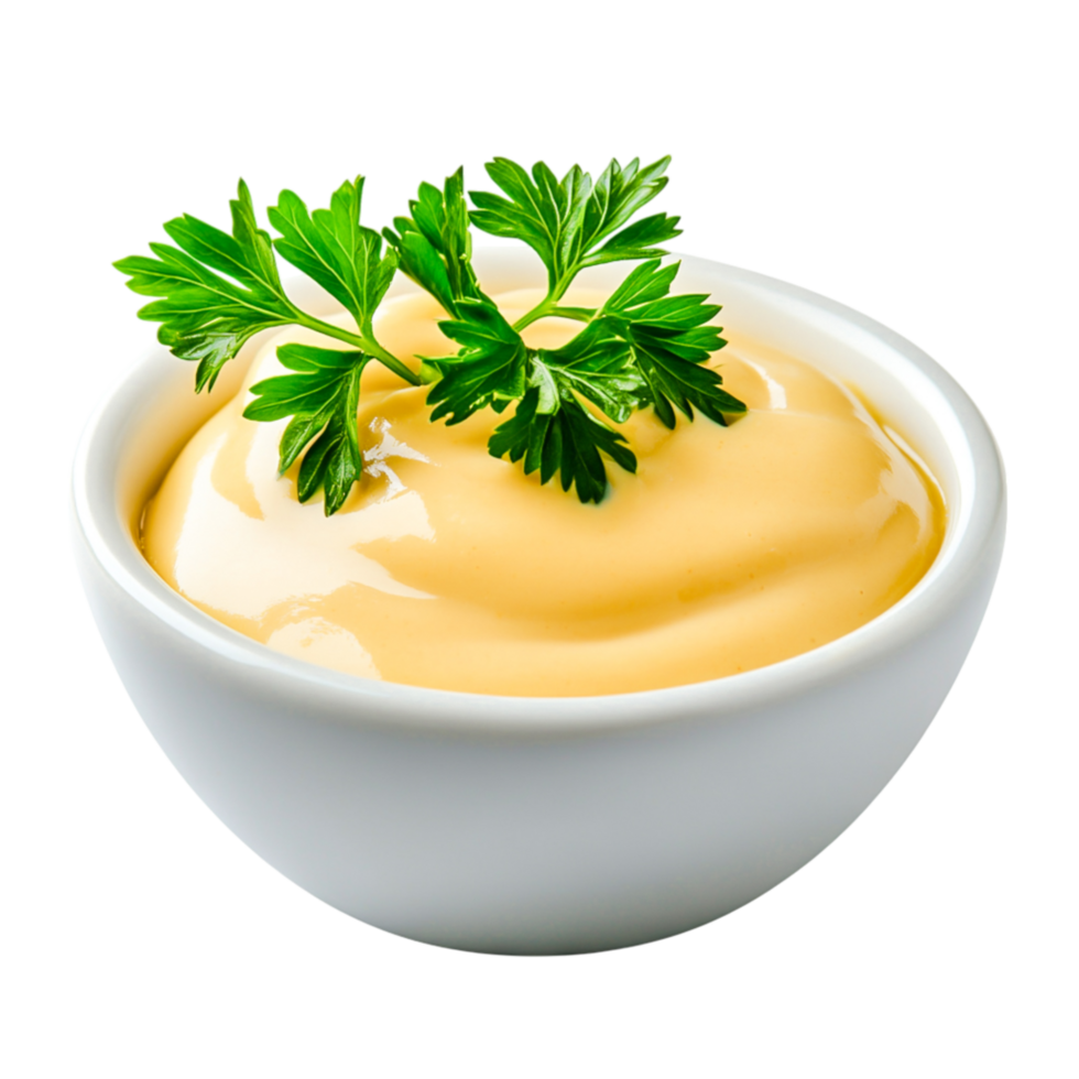 Creamy Yellow Sauce in Bowl with Fresh Green Parsley Garnish for Culinary Use png