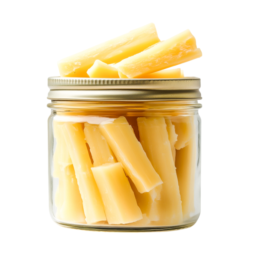 Fresh Yellow Cheese Sticks in a Jar with a Golden Lid png