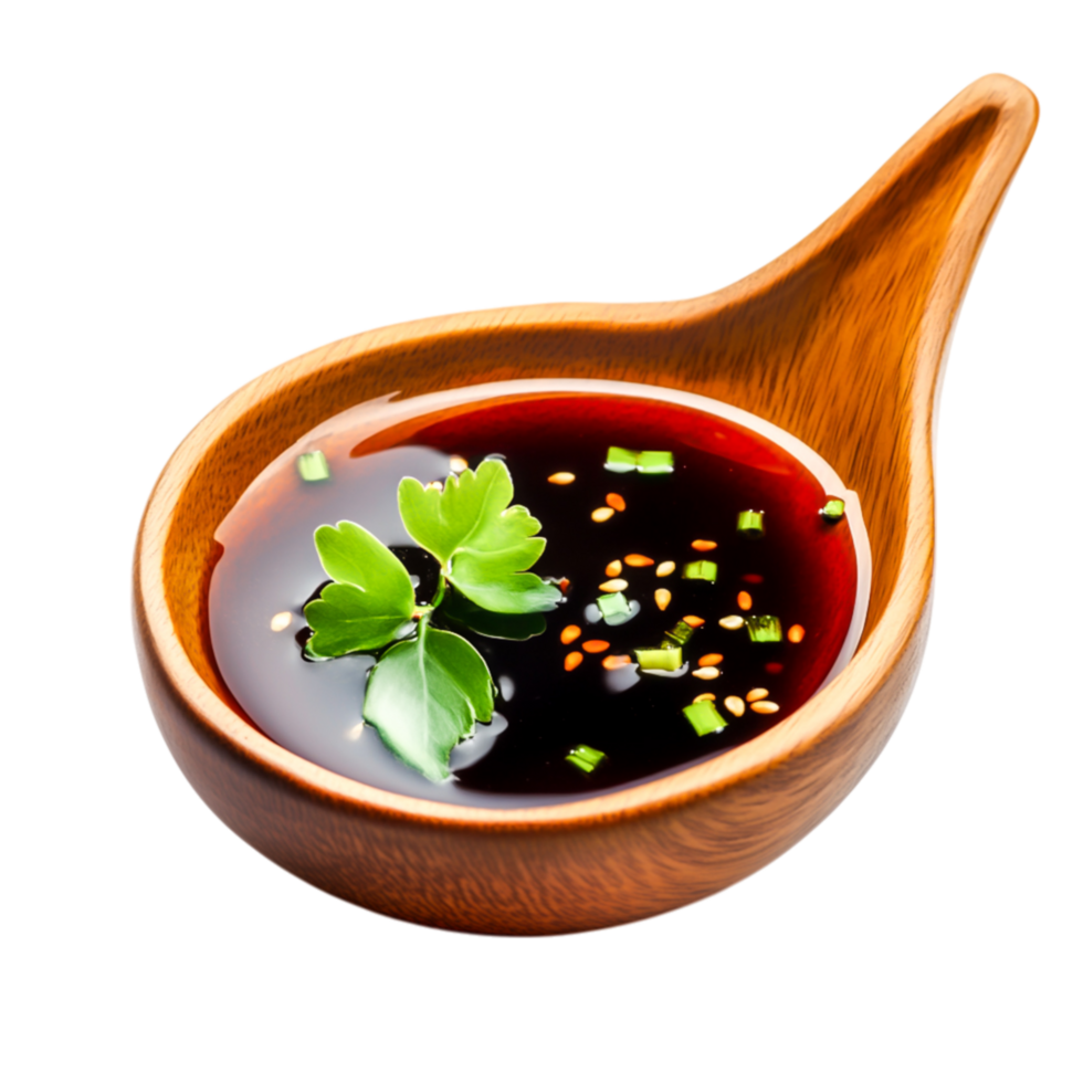 Fresh Soy Sauce Garnished with Herbs in a Wooden Bowl with Vibrant Color Contrast png