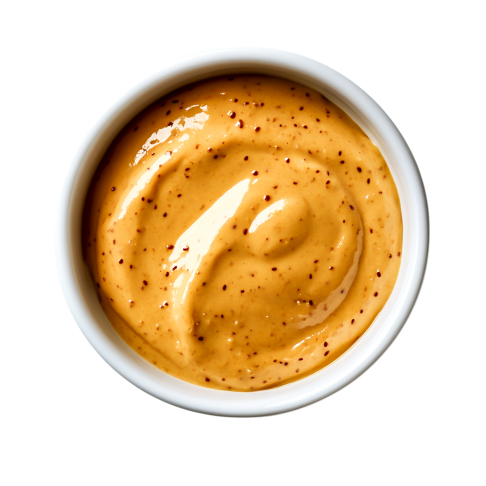 Creamy Peanut Sauce with Smooth Texture in White Bowl Background png