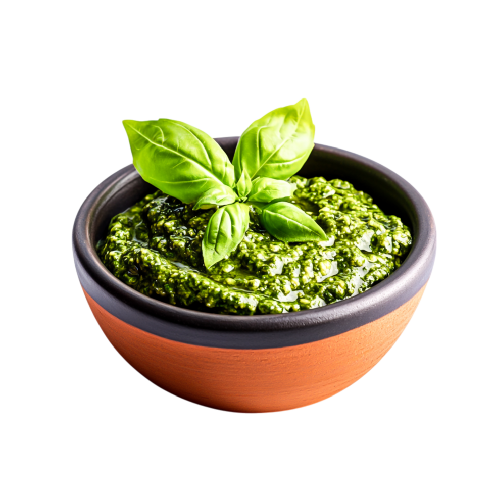 Fresh Basil Pesto Sauce in Ceramic Bowl with Green Basil Leaf on Top png