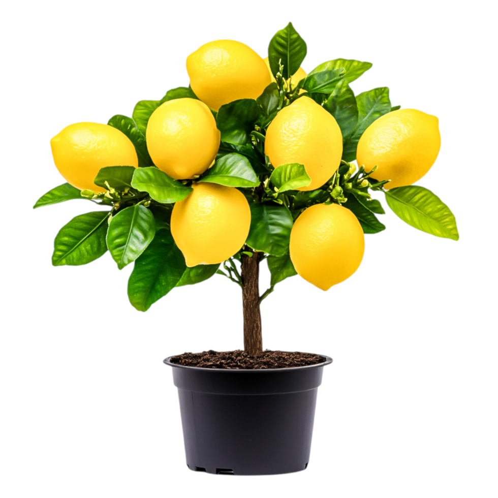 Vibrant Lemon Tree with Fresh Yellow Lemons in a Black Pot on png
