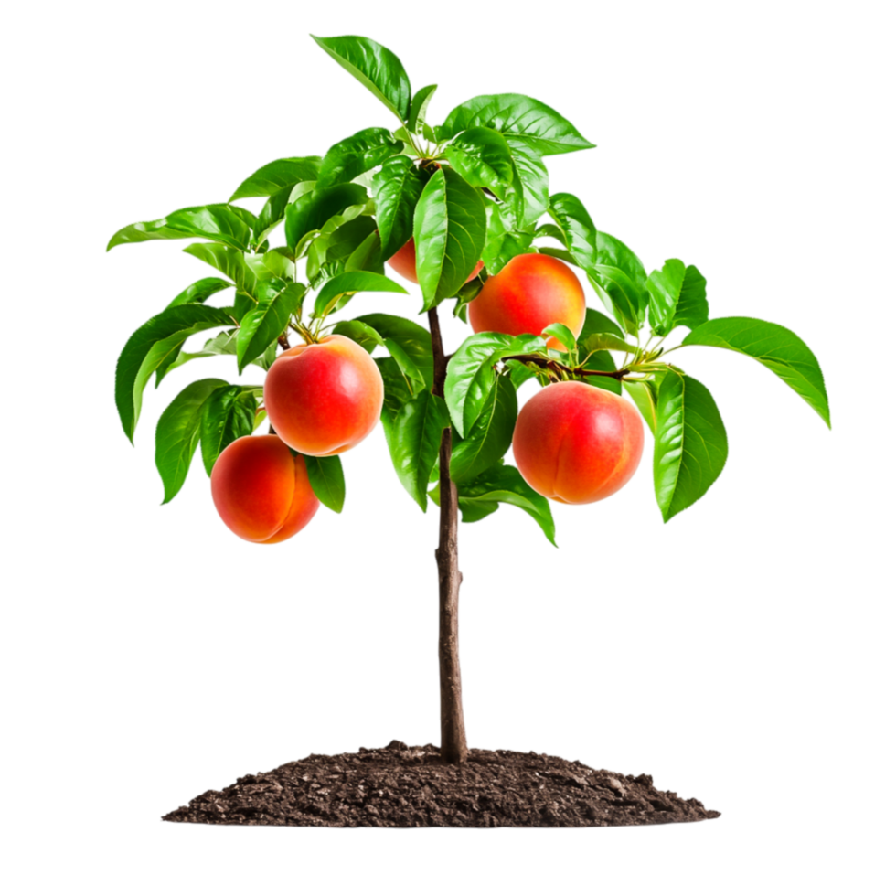Peach Tree with Ripe Juicy Peaches Surrounded by Lush Green Leaves and Soil png