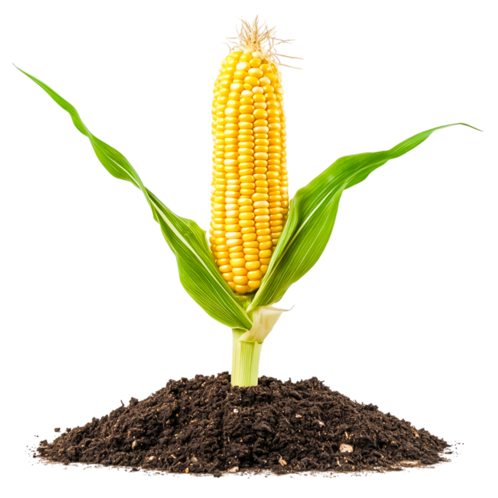 Fresh Corn Cob Growing in Rich Soil with Green Leaves and Vibrant Yellow Kernels png