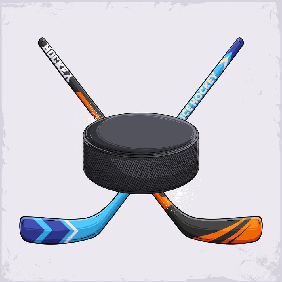 Hand drawn black ice hockey puck with a couple of crossed colorful hockey sticks for a competitive match. ice hockey equipment vector