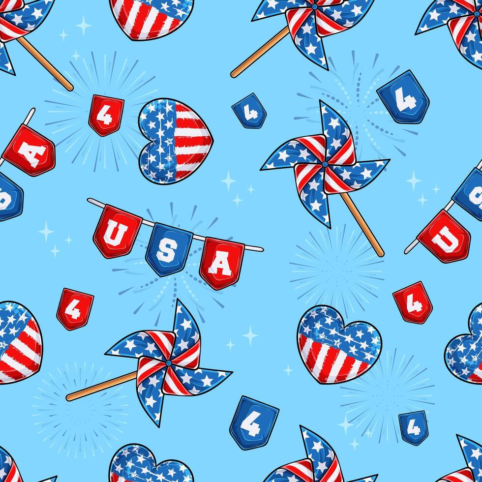 Seamless pattern of hearts and pinwheels in American flag pattern celebrating 4th of July, blue and red emblems with number four vector