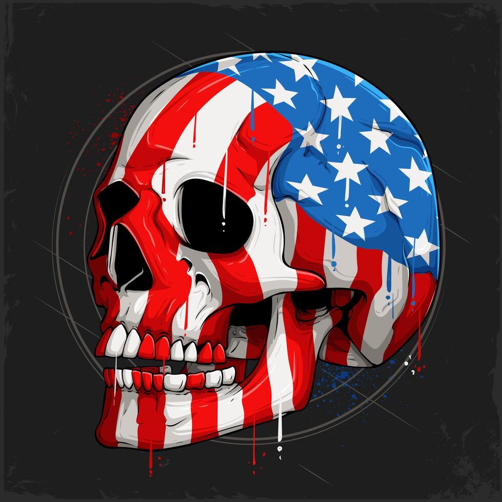Hand drawn human skull with American flag pattern celebrating 4th of July independence day, honoring veterans day, mourning memorial day vector