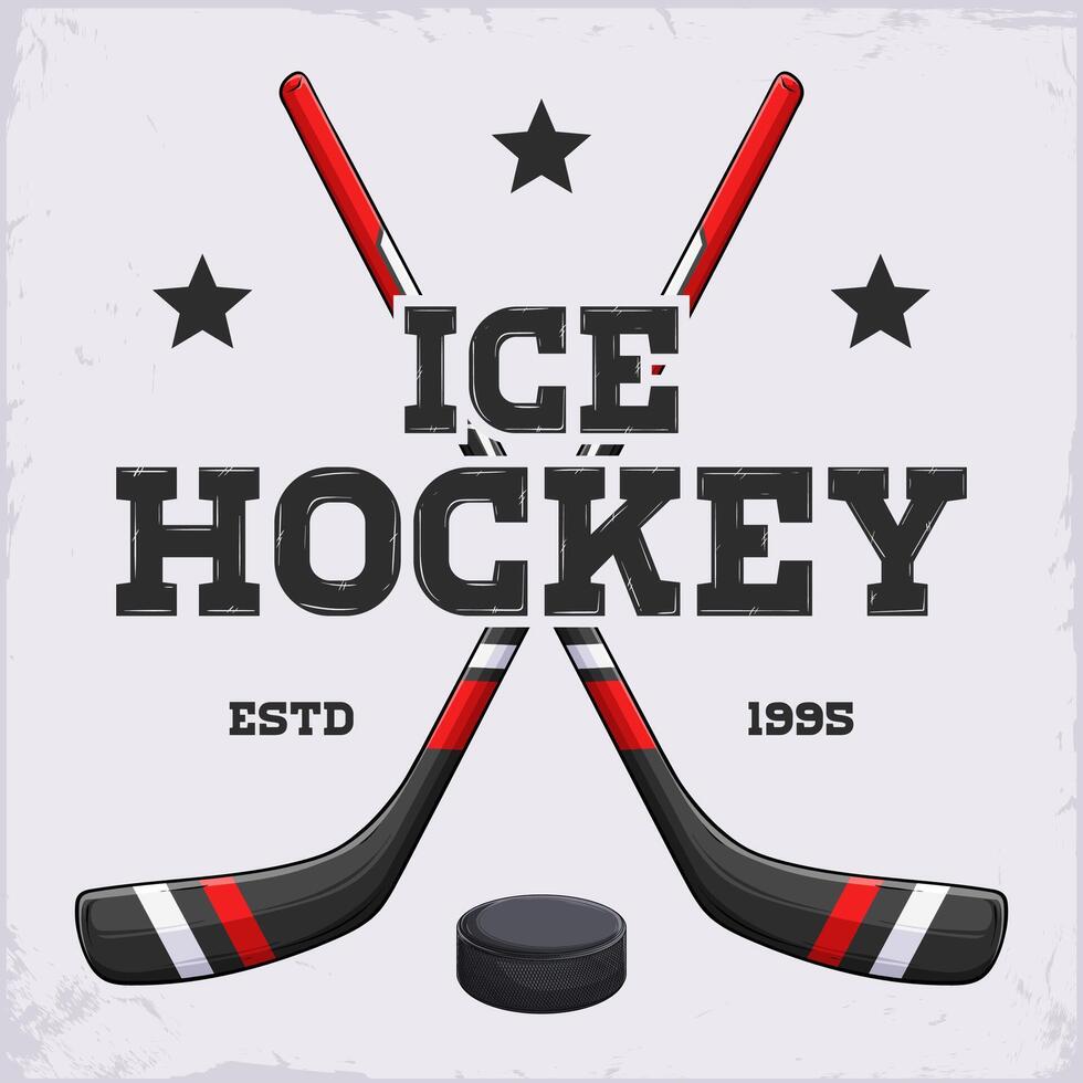 Hand drawn ice hockey label with crossed fiber carbon stripped sticks and black hockey puck design. Hockey texture with equipment vector
