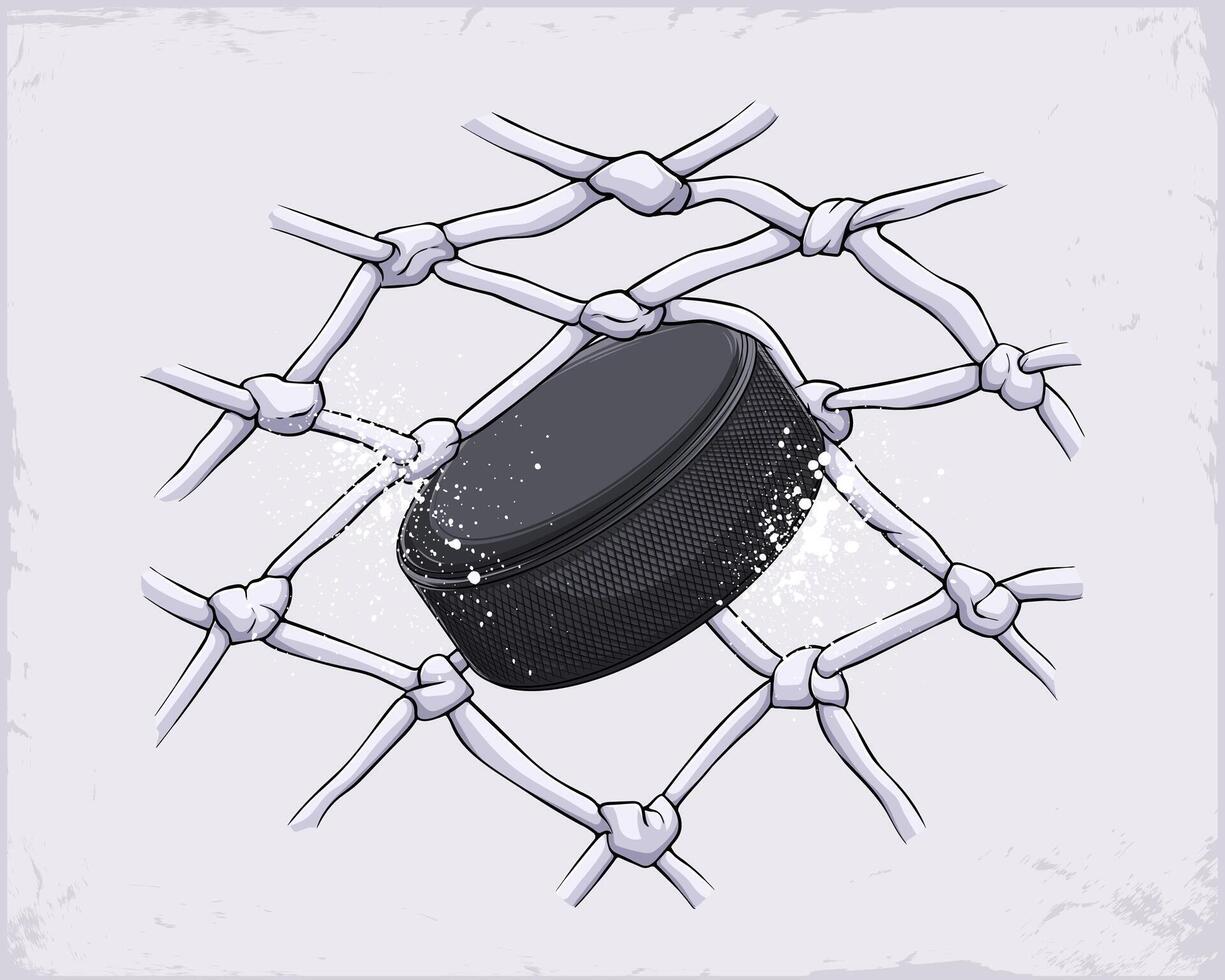 Hand drawn black ice hockey puck made of rubber hitting the white net and scoring a goal in a professional, competitive match vector