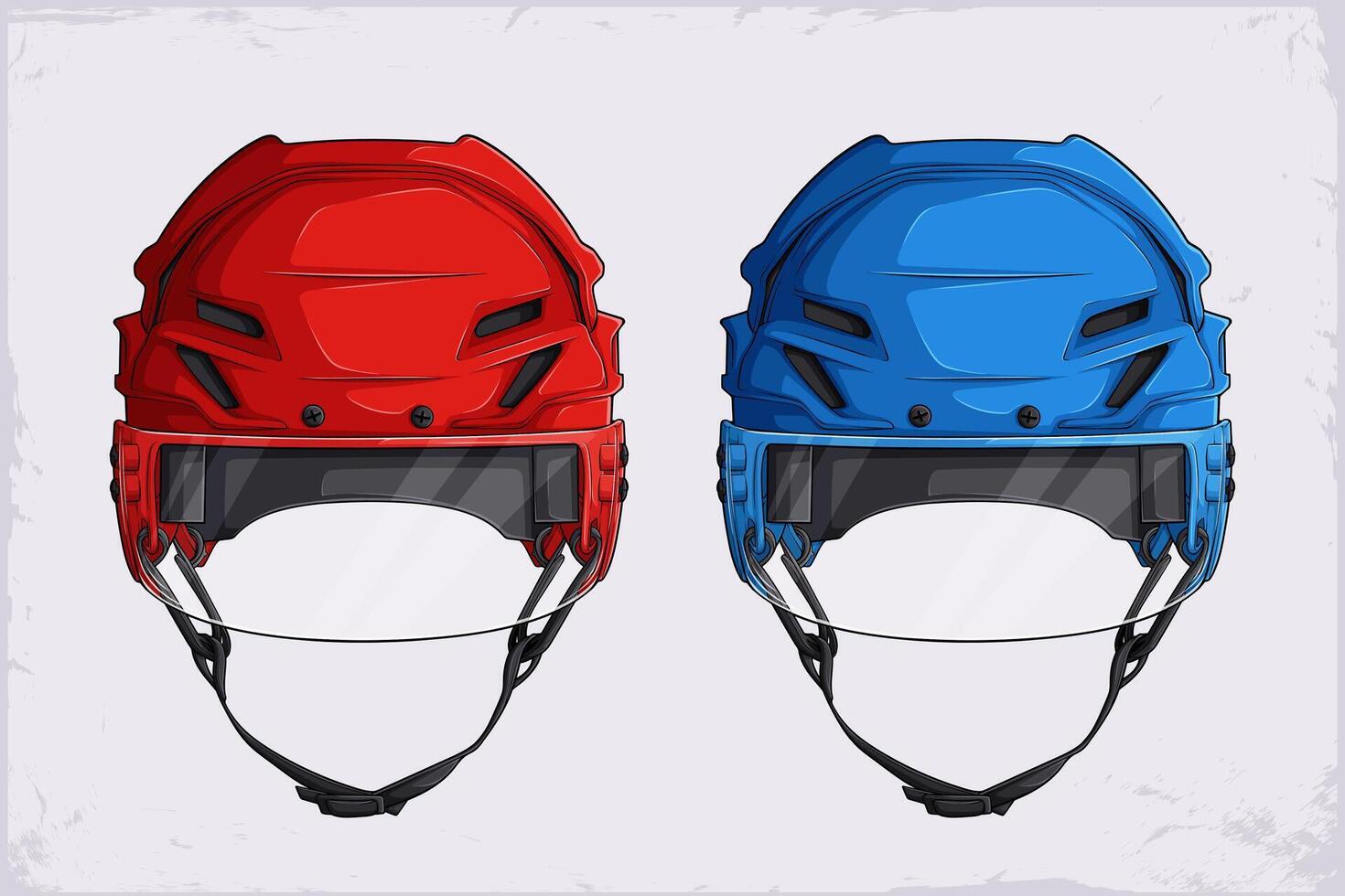 Hand drawn pair of ice hockey helmets for head protection, blue and red hockey helmets with glassy visors shield for safety vector