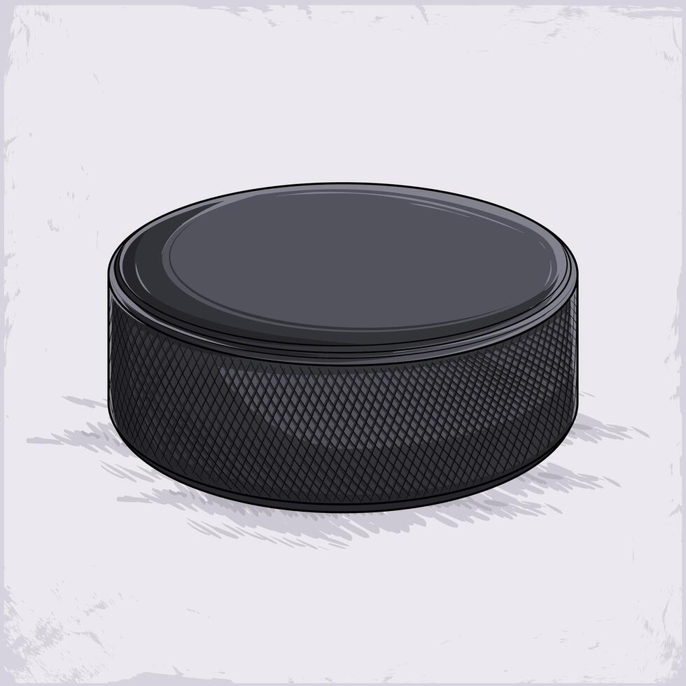 Hand drawn black ice hockey puck, flat cylindrical shaped disk made of rubber for good accuracy and power shooting vector