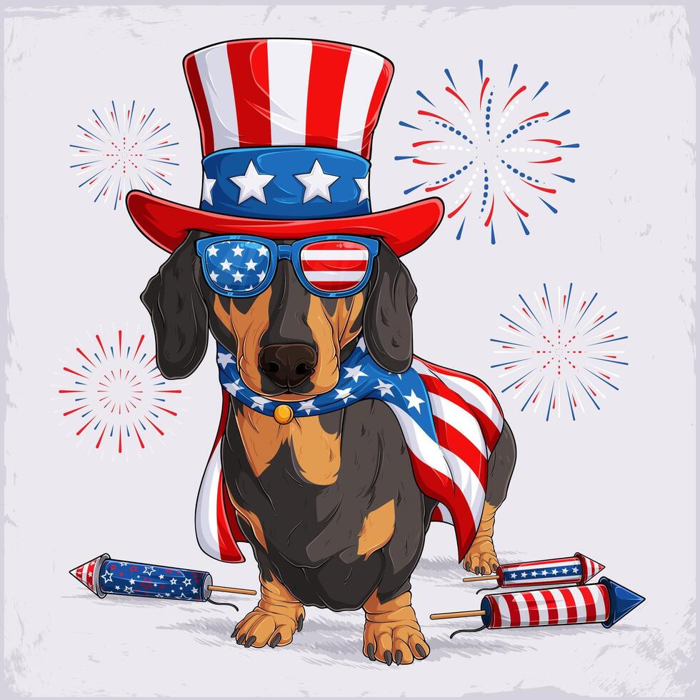 German dachshund in 4th of July disguise enjoying independence day with fireworks, wearing American flag pattern cape, sunglasses, uncle Sam hat vector
