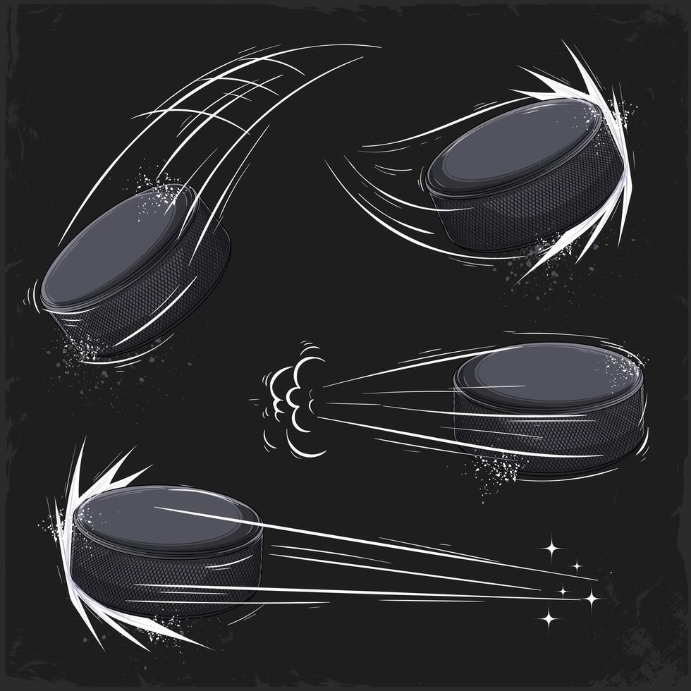 Hand drawn set of black ice hockey pucks flying in the air. hovering rubber hockey pucks in motion vector