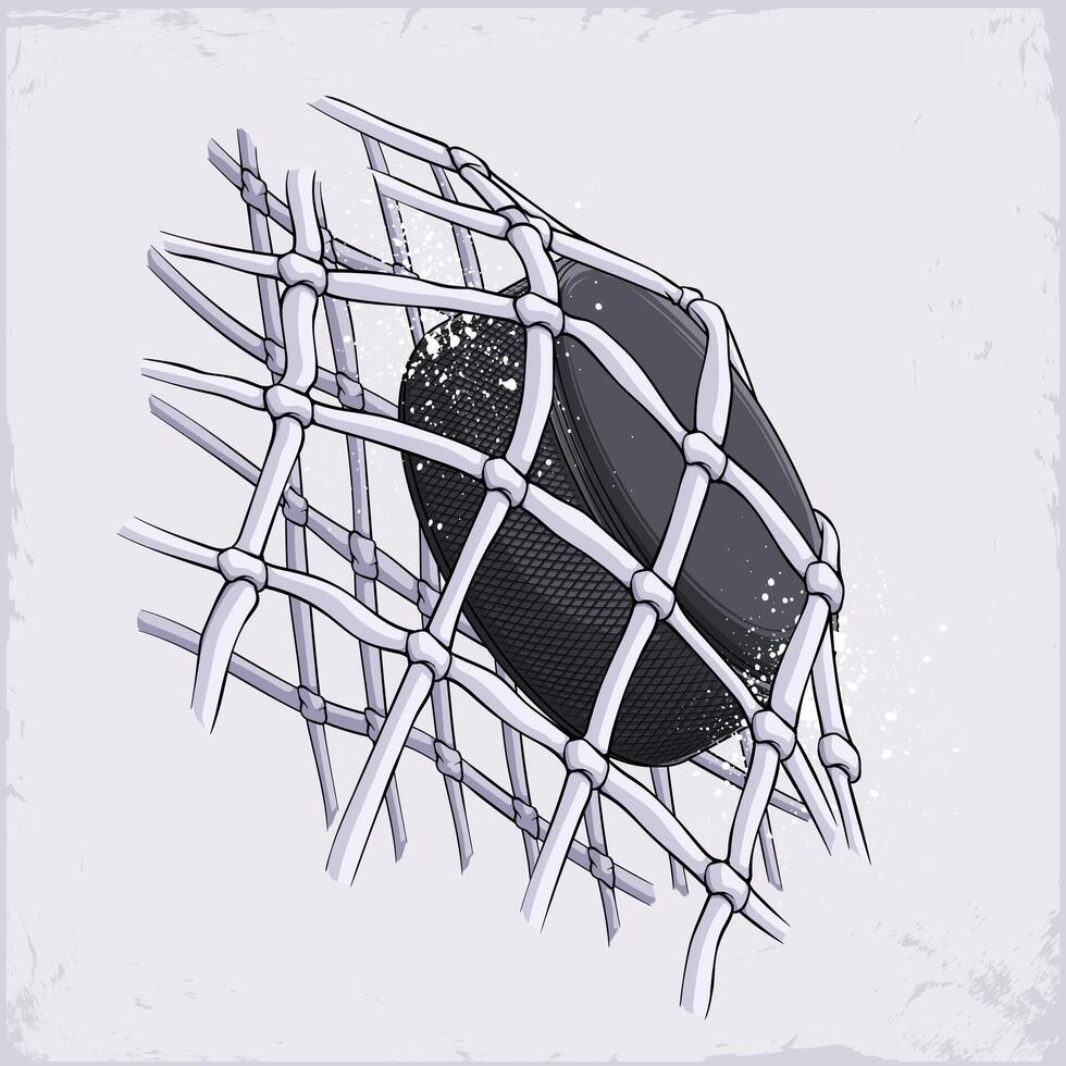Hand drawn black ice hockey puck made of rubber hitting the white net and scoring a goal in a competitive, professional match vector