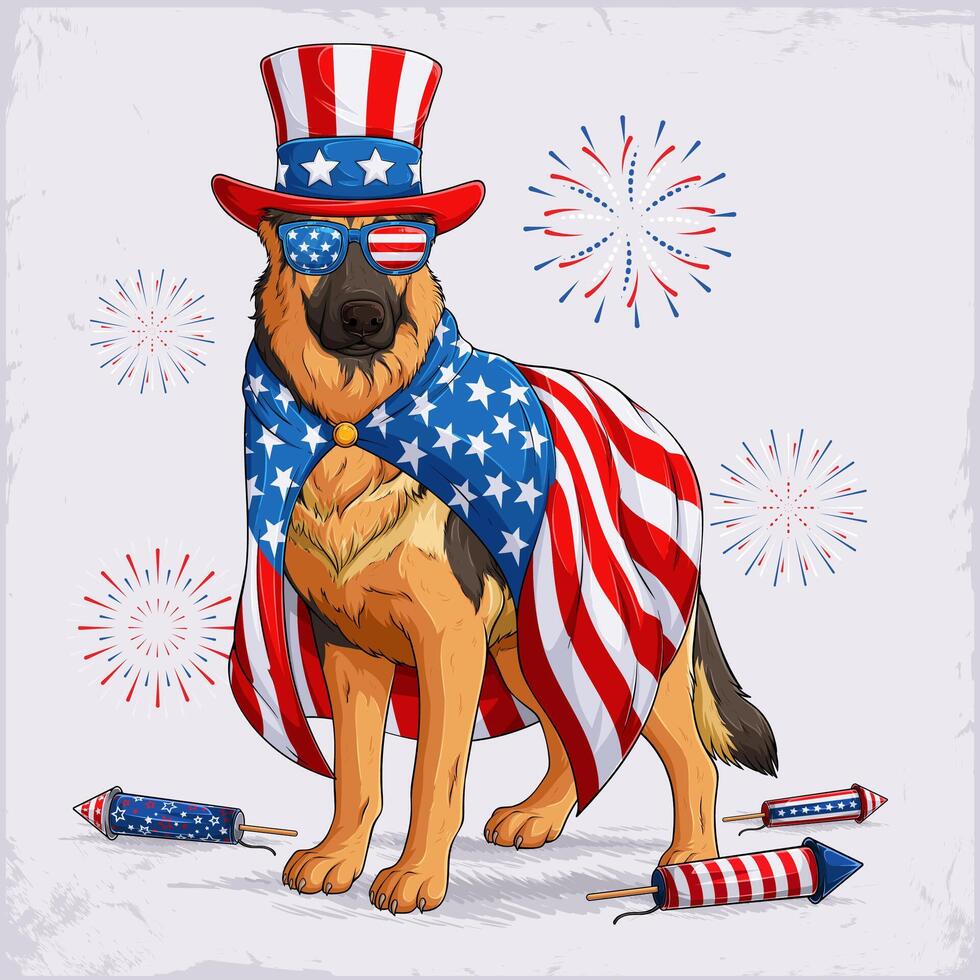 German shepherd in 4th of July disguise, wearing American flag cape, sunglasses, uncle Sam hat celebrating independence day with fireworks vector