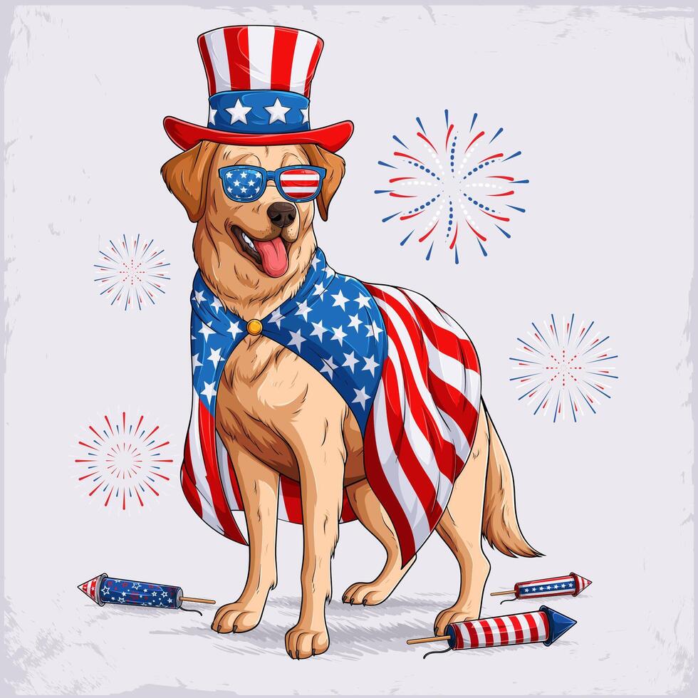 Golden retriever in 4th of July disguise wearing uncle Sam hat, sunglasses, cape in American flag theme celebrating independence day with fireworks vector