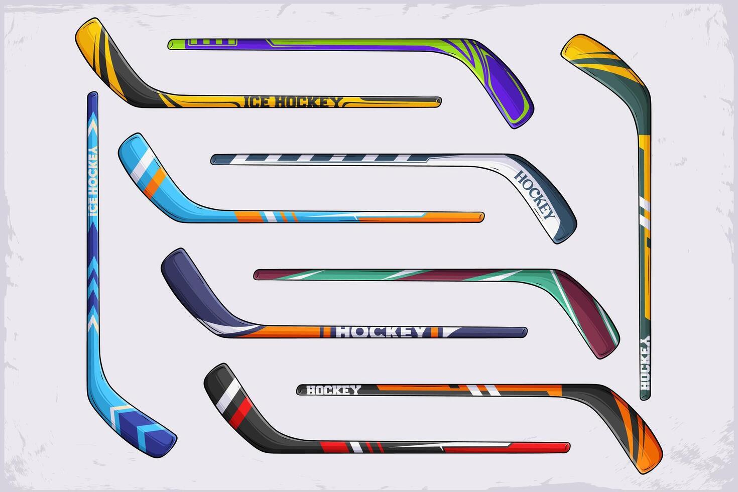 Hand drawn set of colorful ice hockey sticks to shoot, pass, and carry the puck across the ice. Carbon fiber ice hockey sticks vector