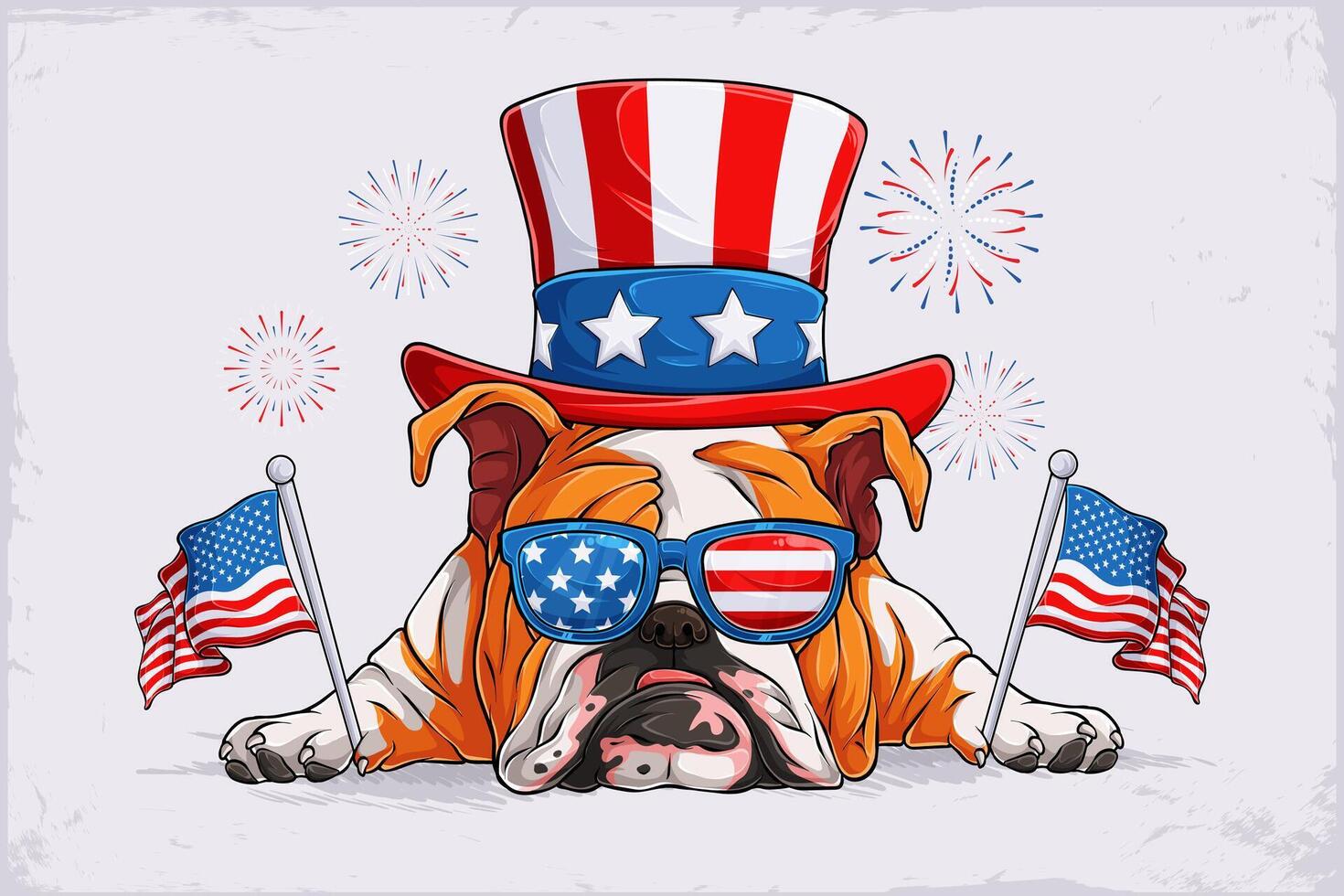 Sleeping English dog breed bulldog in 4th of July disguise, wearing sunglasses, uncle Sam hat, holding American flags, honoring veterans day vector
