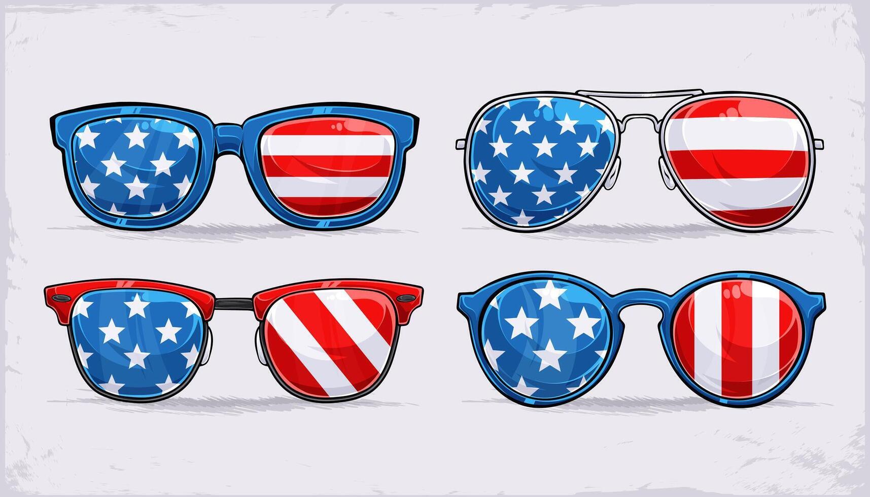 Hand drawn set of trendy sunglasses in American flag pattern, celebrating 4th of July in style, honoring veterans day and memorial day vector