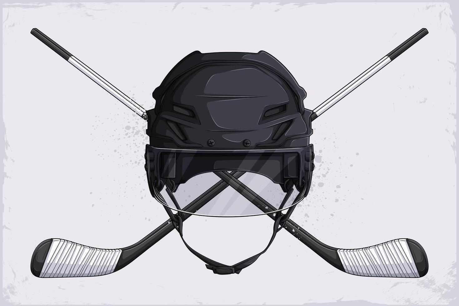 Hand drawn black ice hockey helmet for head safety with a pair of crossed hockey sticks. hockey protective headgear with glassy visor vector