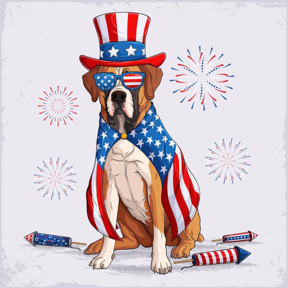 Boxer dog in 4th of July disguise celebrating independence day with fireworks, wearing American flag pattern cape, uncle Sam hat, USA sunglasses vector