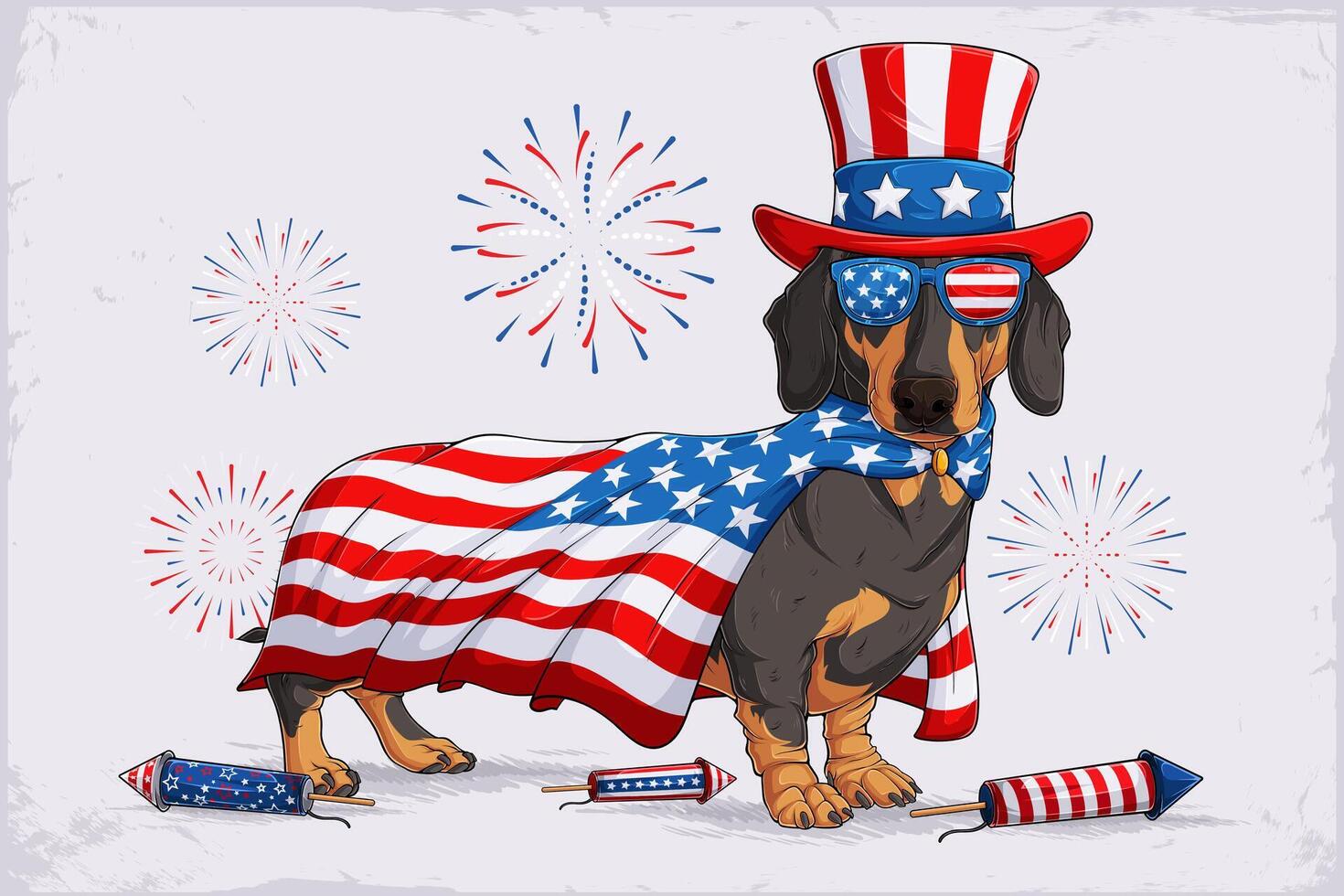 German dachshund in 4th of July disguise enjoying independence day with fireworks, wearing sunglasses, uncle Sam hat and American flag pattern cape vector