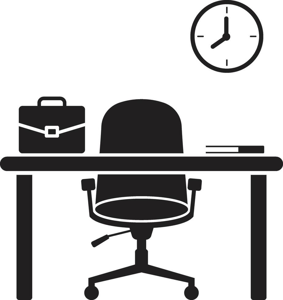 Monochrome Minimalist Office Scene with Desk, Briefcase, and Wall Clock vector