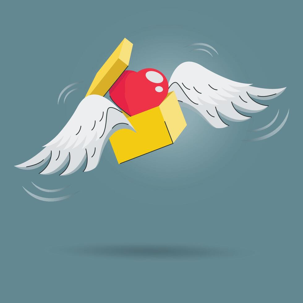 Surprise yellow heart gift box flying with wings graphic design illustration vector