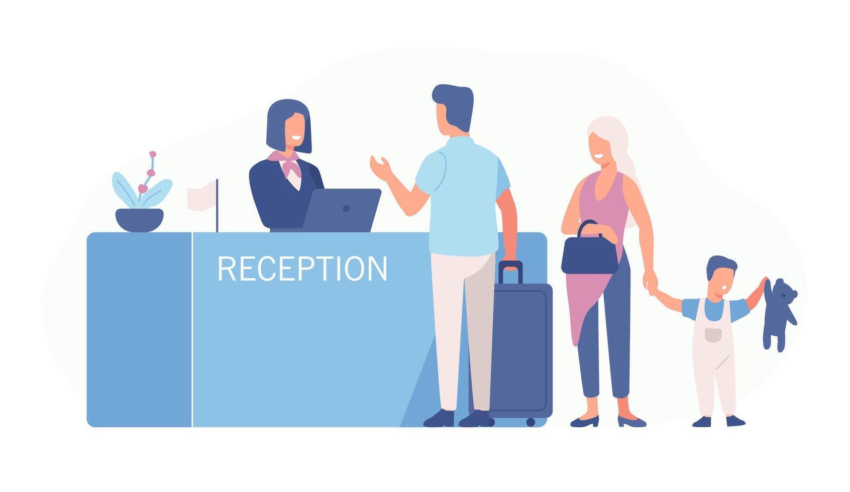 Family standing at airport check-in counter or registration desk and talking to female worker. Scene with tourists or travellers at hotel lobby. Colorful illustration in flat cartoon style. vector