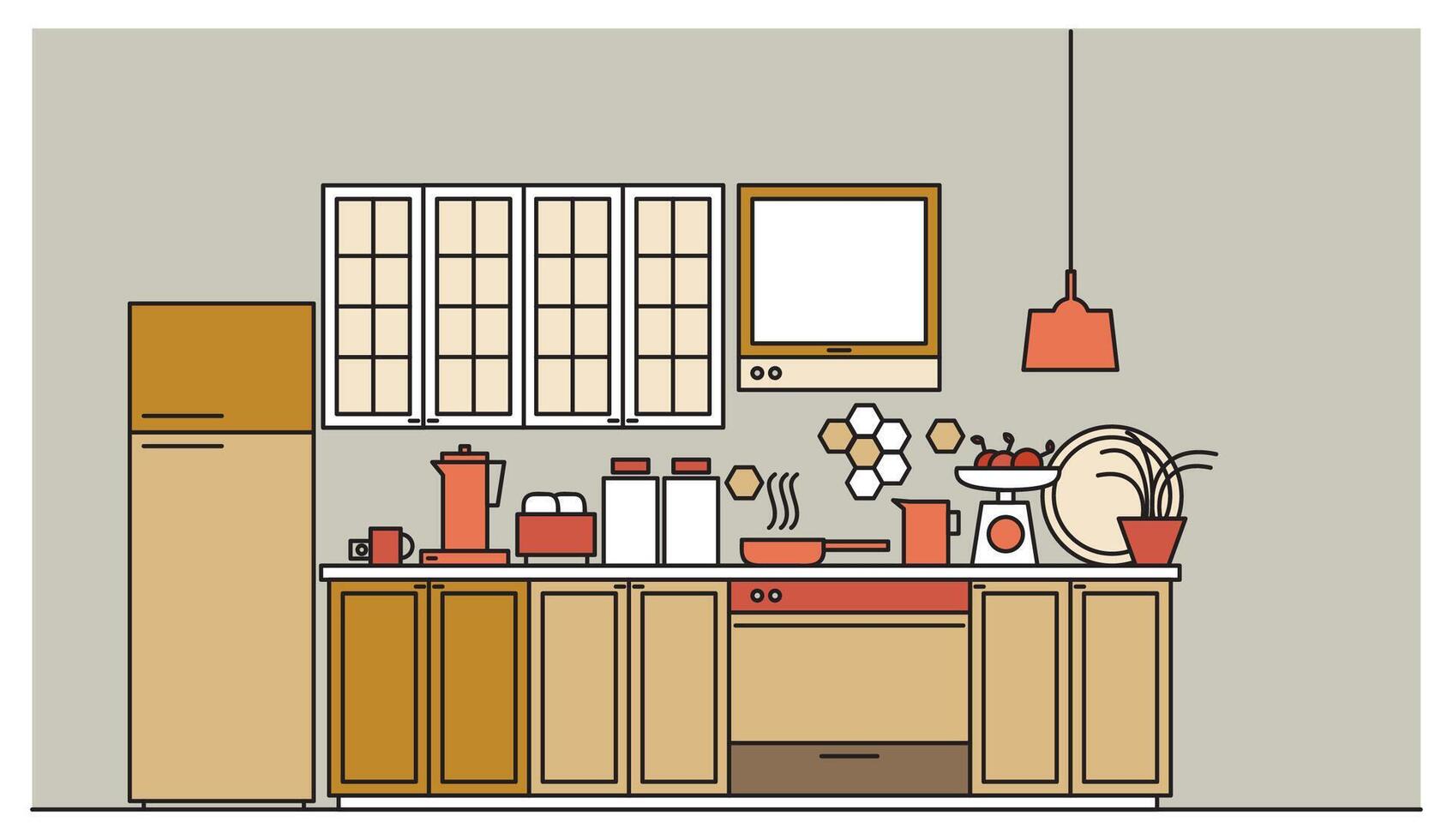 Stylish interior of modern furnished kitchen with cupboards, electronic appliances, cookware, cooking utensils and facilities, home decorations. Colored illustration in trendy linear style. vector