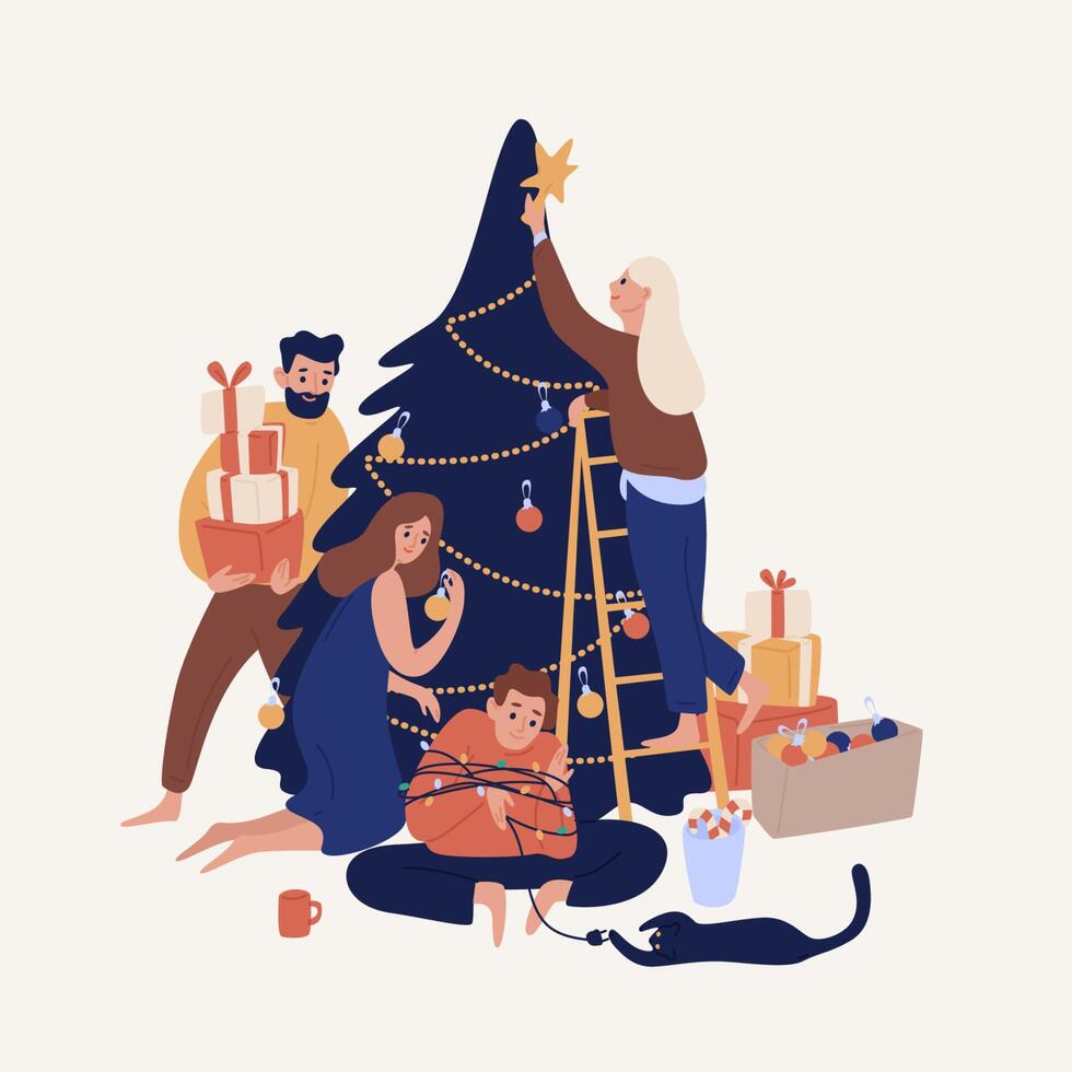 Cute smiling people decorating Christmas tree with baubles and garlands. Happy family or group of friends preparing for holiday celebration. Colorful illustration in flat cartoon style. vector