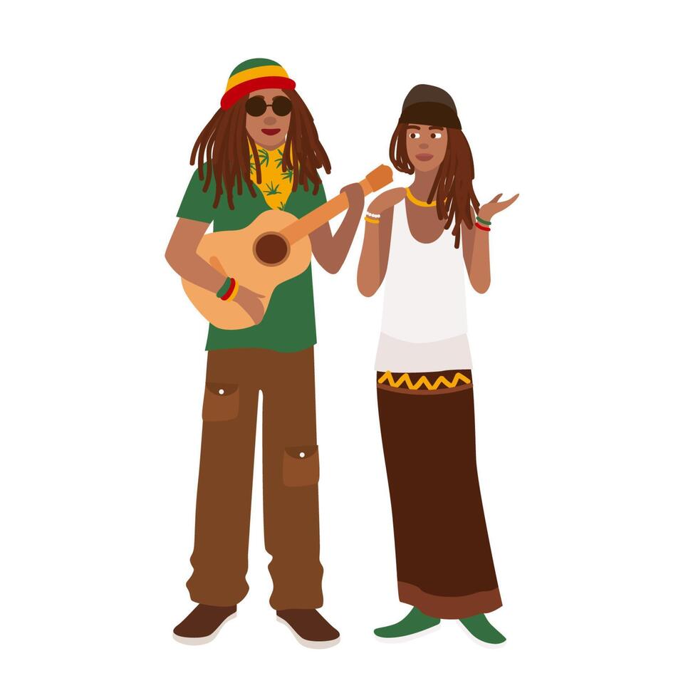 Rastafari couple. Man wearing rastacap and playing guitar and woman standing together. Boyfriend and girlfriend. Rastafarianism movement or counterculture. Flat cartoon colorful illustration. vector