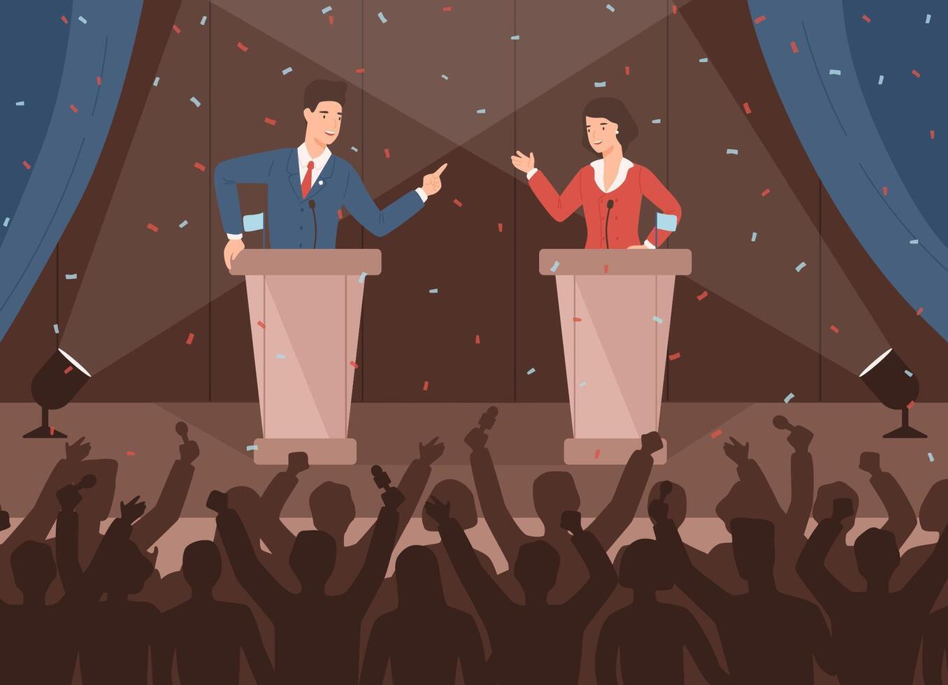 Male and female politicians taking part in political debates in front of audience. Pair of government workers talking to each other or having dispute. Colorful illustration in cartoon style. vector