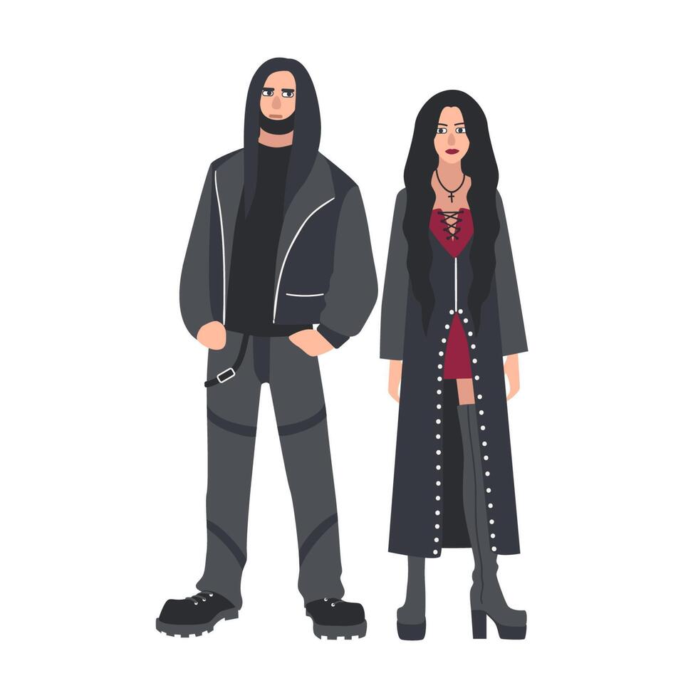 Man and woman with long loose hair dressed in black leather clothes isolated on white background. Counterculture or subculture of heavy metal music fans. Flat cartoon colorful illustration. vector