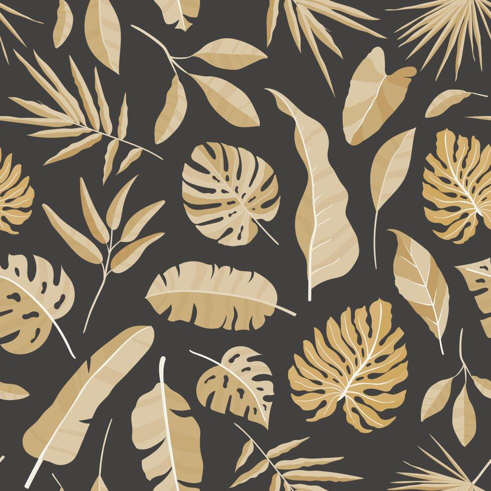 Natural seamless pattern with tropical foliage. Backdrop with leaves of jungle plants and exotic palm branches. Monochrome realistic illustration for fabric print, wrapping paper, wallpaper. vector