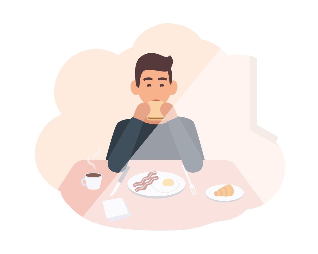 Happy young man sitting at table and eating delicious morning meal. Male character having breakfast at home. Smiling boy chewing sandwich. Colorful illustration in flat cartoon style. vector