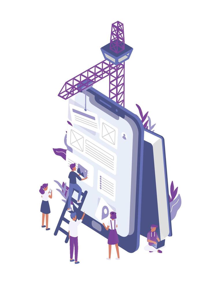 Group of tiny people creating or building mobile app design on giant tablet PC. Office workers working in interface and experience engineering. Colored creative isometric illustration. vector