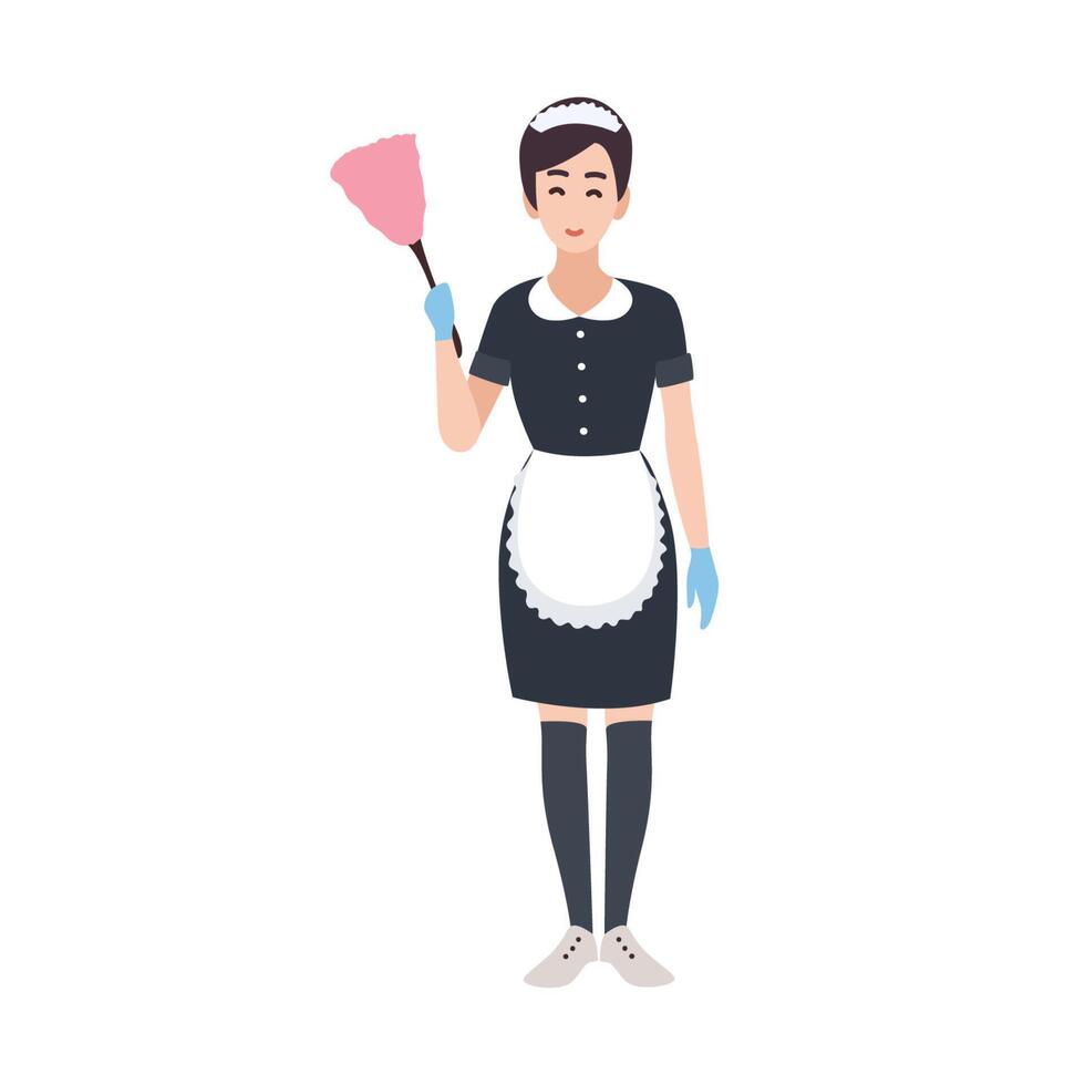 Happy housemaid, maid, housekeeping or house cleaning service worker wearing uniform. Pretty female cartoon character isolated on white background. Colorful illustration in flat style. vector