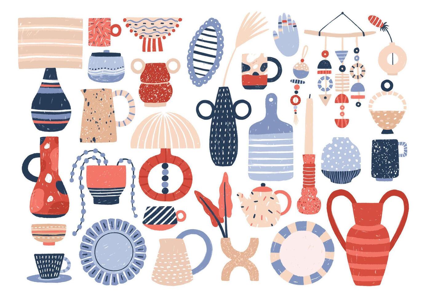 Collection of trendy ceramic household crockery and pottery - cups, plates, bowls, vases, mugs. Bundle of utensils for home decoration isolated on white background. Flat cartoon illustration. vector